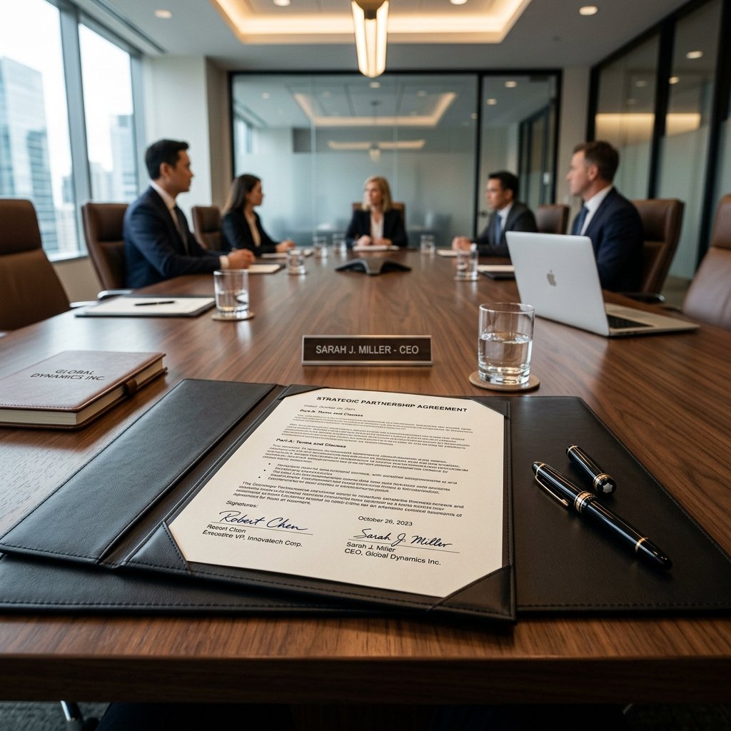 Executive boardroom table with a signed contract document